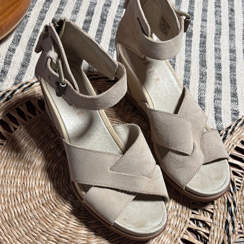 Sorel Beige Suede Ankle-Strap Wedge Sandals